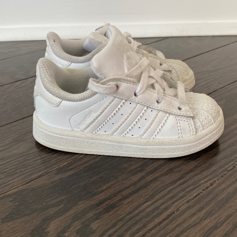 Toddler Adidas white on white Superstars